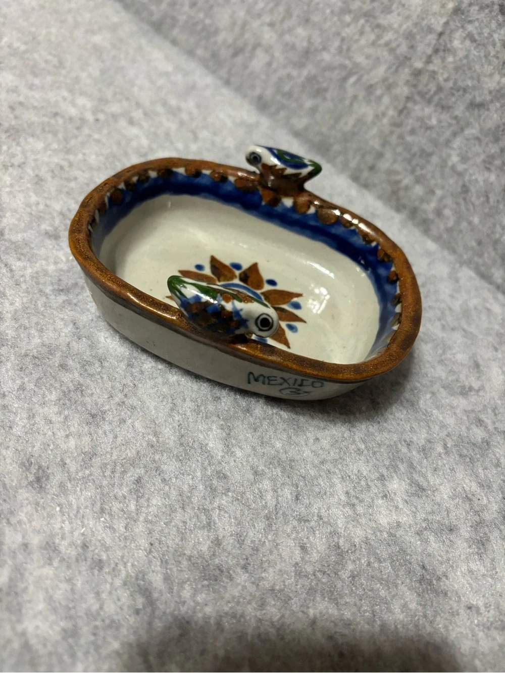 Mexican pottery dish oval ceramic with sun, floral & bird design